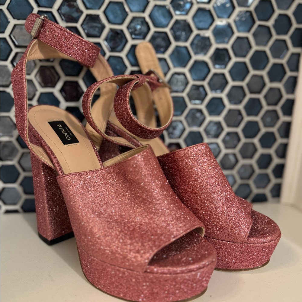 Pinko Rose Pink Glitter Platform Sandals